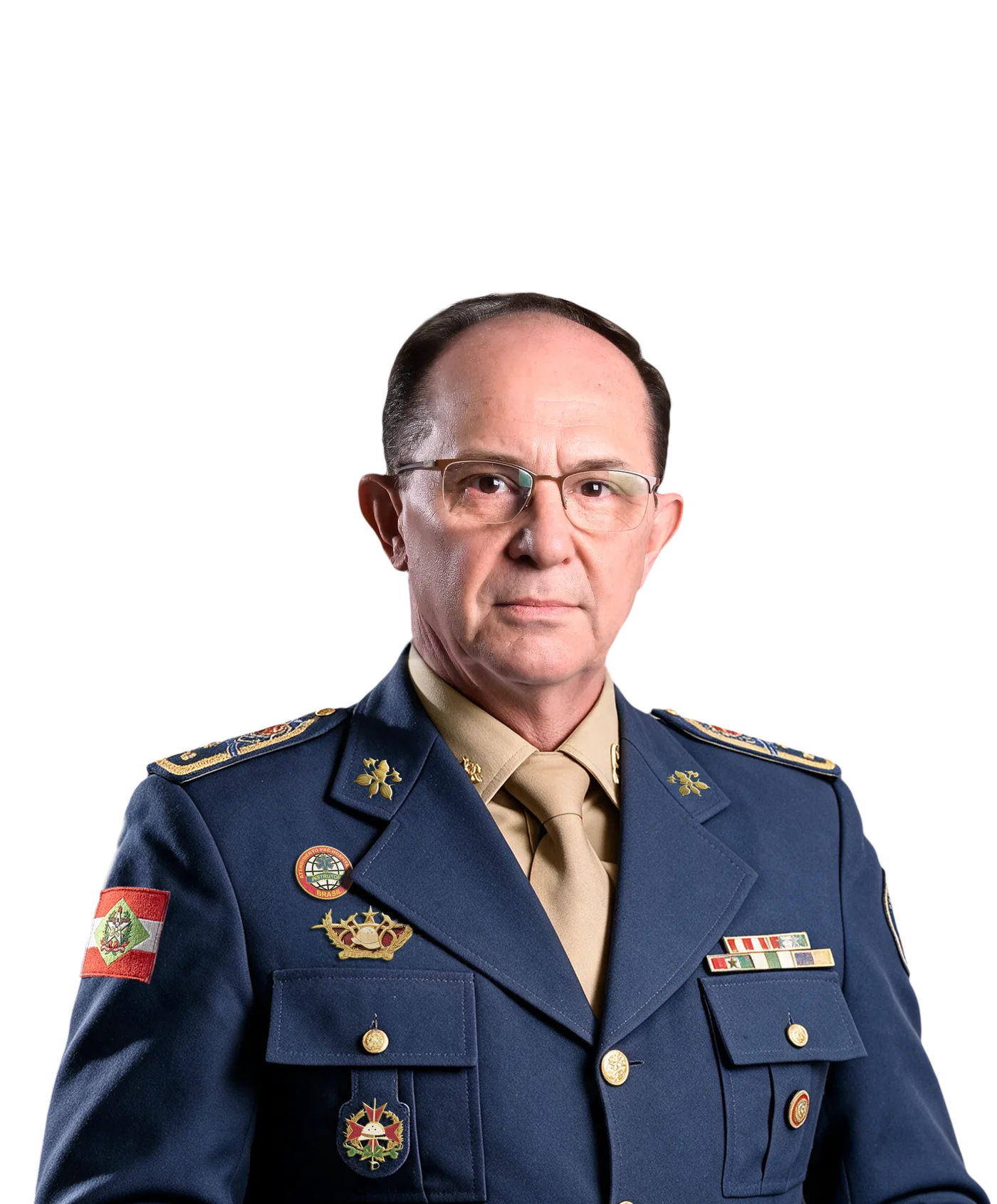 O mesmo homem em uniforme de gala do Corpo de Bombeiros Militar de Santa Catarina, como comandante-geral